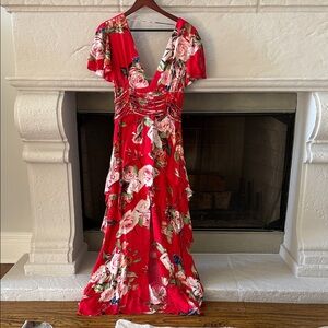 AFRM Red Floral V-Neck Maxi Dress